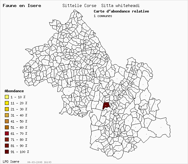 Carte Abondance: Sittelle Corse Sitta whiteheadi en Isre