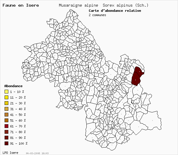 Carte Abondance: Musaraigne alpine Sorex alpinus (Sch.) en Isre