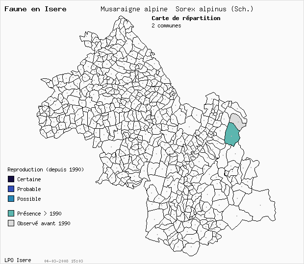 Carte Reproduction: Musaraigne alpine Sorex alpinus (Sch.) en Isre
