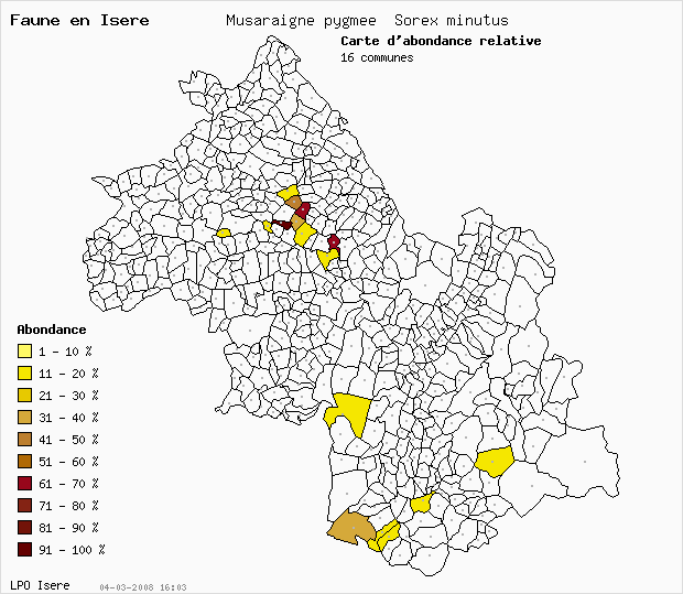 Carte Abondance: Musaraigne pygme Sorex minutus en Isre