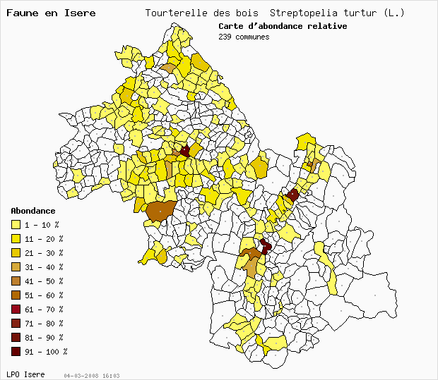 Carte Abondance: Tourterelle des bois Streptopelia turtur (L.) en Isre