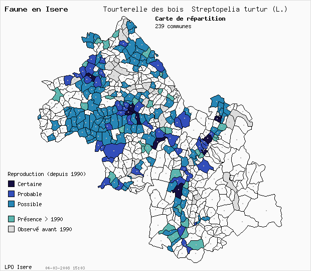 Carte Reproduction: Tourterelle des bois Streptopelia turtur (L.) en Isre