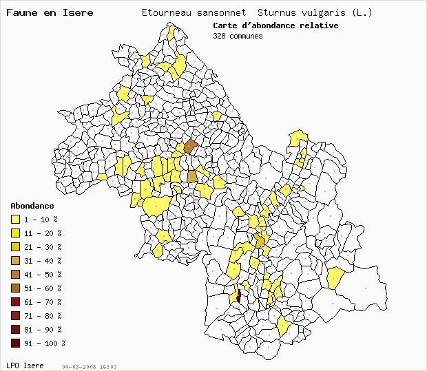 Carte Abondance: Etourneau sansonnet Sturnus vulgaris (L.) en Isre