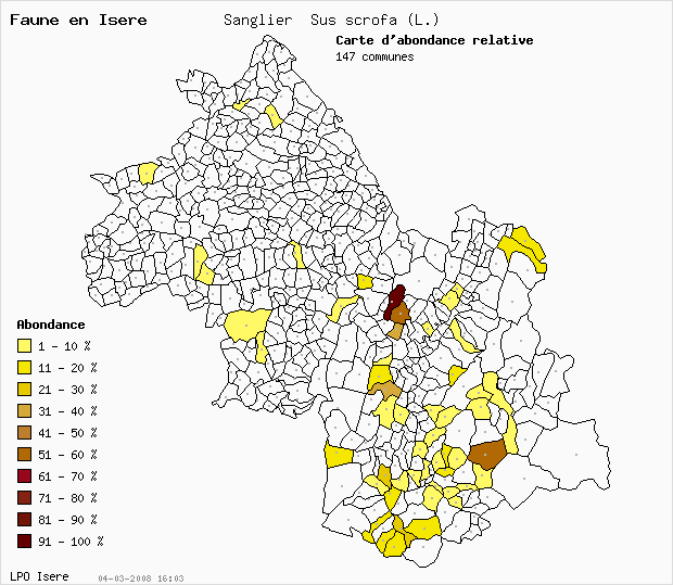 Carte Abondance: Sanglier Sus scrofa (L.) en Isre