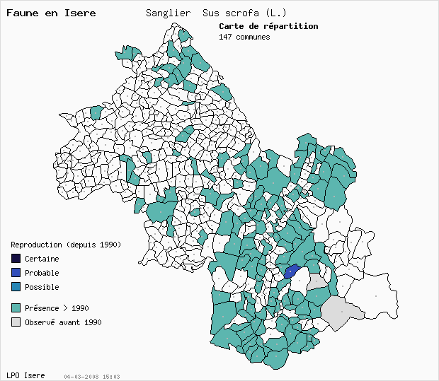Carte Reproduction: Sanglier Sus scrofa (L.) en Isre