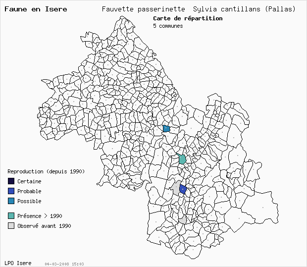 Carte Reproduction: Fauvette passerinette Sylvia cantillans (Pallas) en Isre
