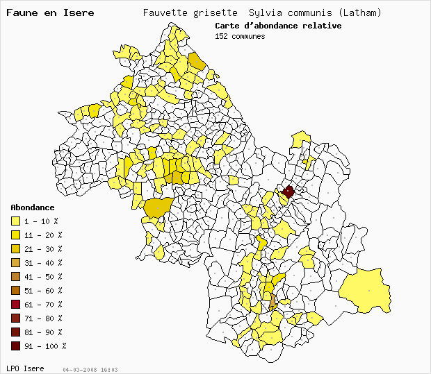 Carte Abondance: Fauvette grisette Sylvia communis (Latham) en Isre