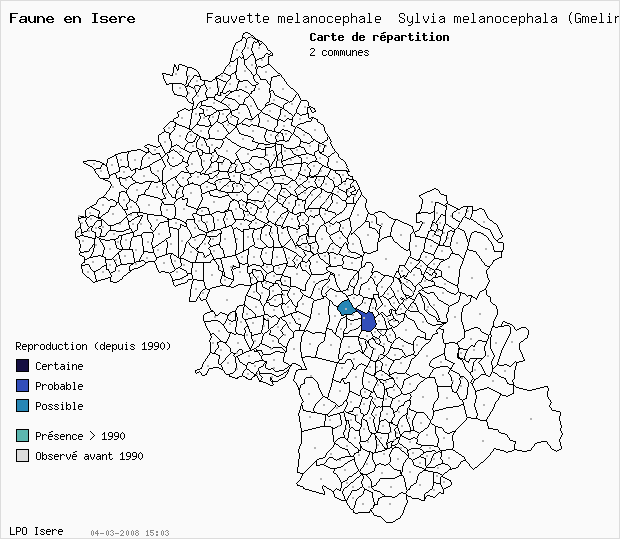 Carte Reproduction: Fauvette mlanocphale Sylvia melanocephala (Gmelin) en Isre
