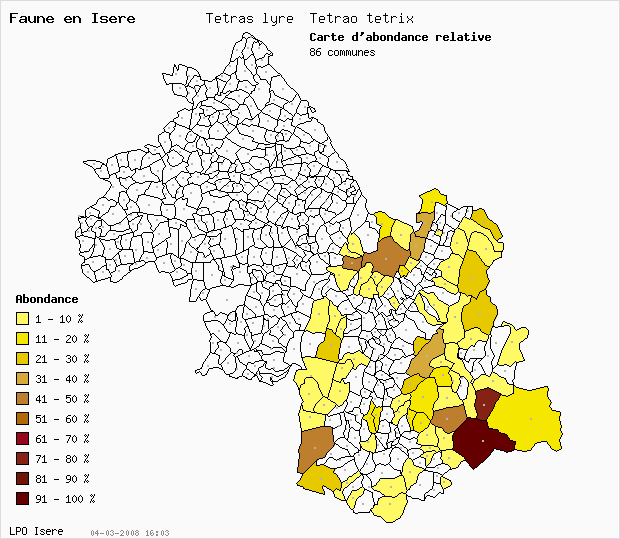 Carte Abondance: Ttras lyre Tetrao tetrix en Isre
