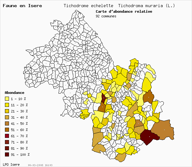 Carte Abondance: Tichodrome chelette Tichodroma muraria (L.) en Isre