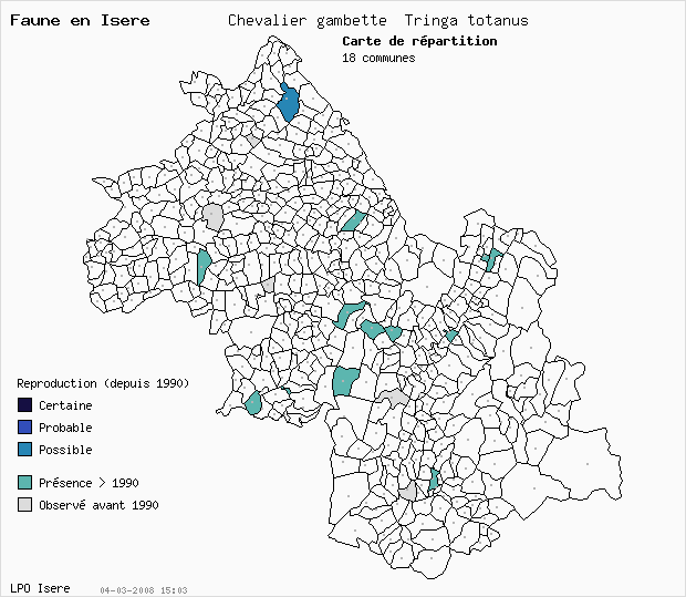 Carte Reproduction: Chevalier gambette Tringa totanus en Isre