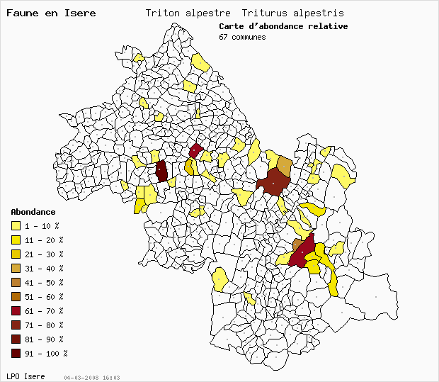 Carte Abondance: Triton alpestre Triturus alpestris en Isre