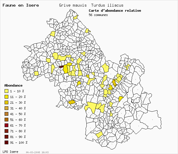 Carte Abondance: Grive mauvis Turdus iliacus en Isre