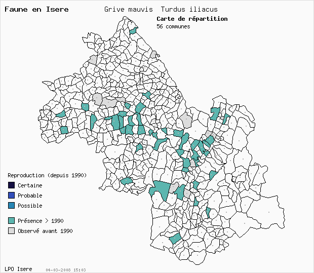 Carte Reproduction: Grive mauvis Turdus iliacus en Isre