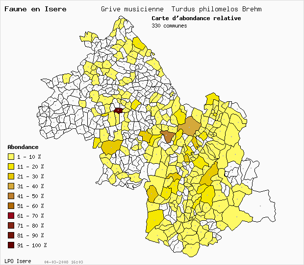 Carte Abondance: Grive musicienne Turdus philomelos Brehm en Isre
