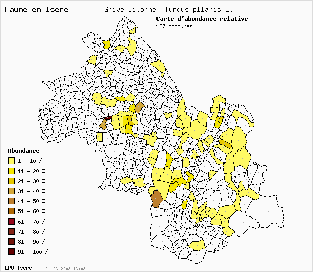 Carte Abondance: Grive litorne Turdus pilaris L. en Isre