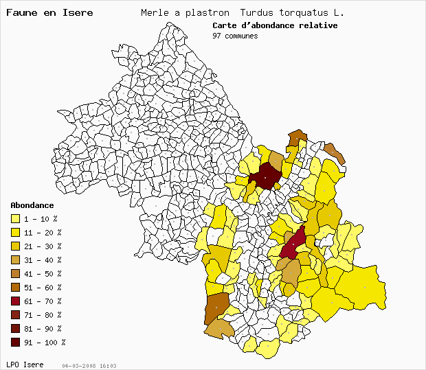 Carte Abondance: Merle  plastron Turdus torquatus L. en Isre