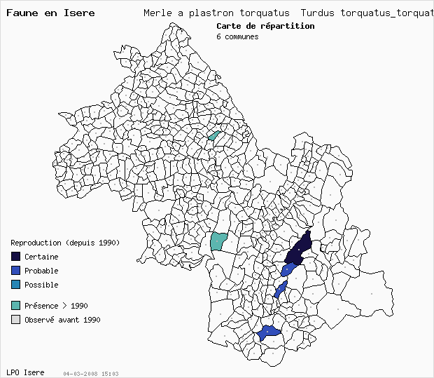 Carte Reproduction: Merle  plastron torquatus Turdus torquatus_torquatus en Isre