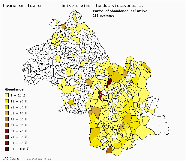 Carte Abondance: Grive draine Turdus viscivorus L. en Isre