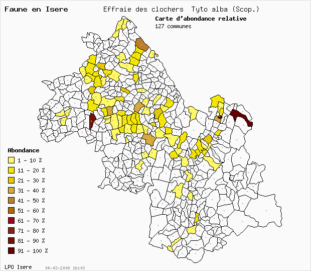 Carte Abondance: Effraie des clochers Tyto alba (Scop.) en Isre