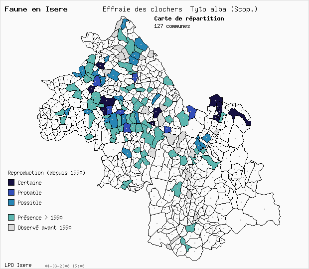 Carte Reproduction: Effraie des clochers Tyto alba (Scop.) en Isre