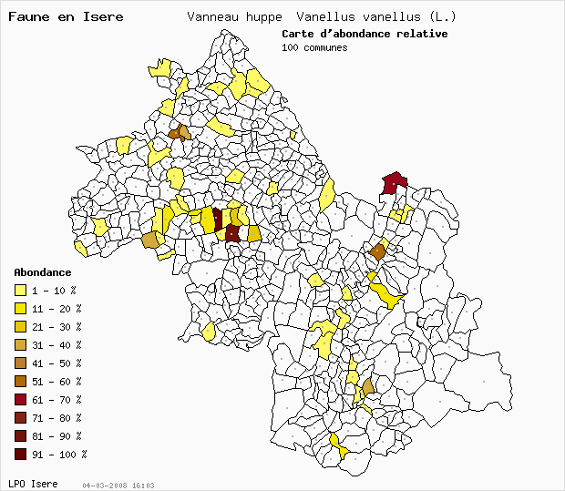 Carte Abondance: Vanneau hupp Vanellus vanellus (L.) en Isre