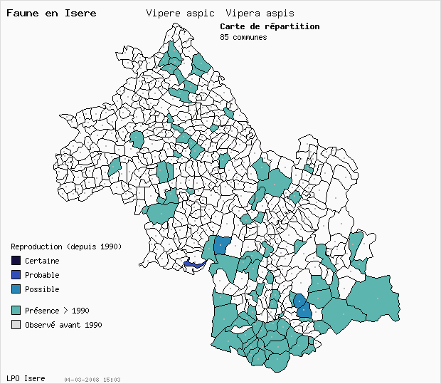 Carte Reproduction: Vipre aspic Vipera aspis en Isre