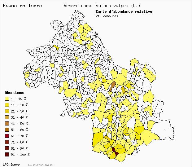 Carte Abondance: Renard roux Vulpes vulpes (L.) en Isre