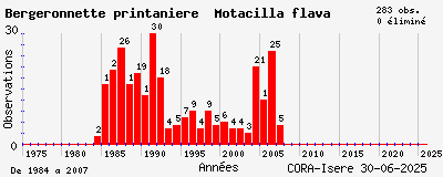Evolution annuelle des observations de Bergeronnette printanière Motacilla flava