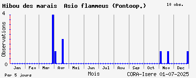 Observations saisonnires (par 5 jours) de Hibou des marais Asio flammeus (Pontoop.)