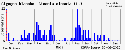 Observations saisonnires (par 5 jours) de Cigogne blanche Ciconia ciconia (L.)