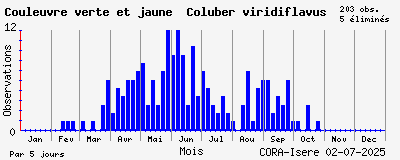 Observations saisonnires (par 5 jours) de Couleuvre verte et jaune Coluber viridiflavus