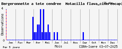 Observations saisonnires (par 5 jours) de Bergeronnette à tête cendrée Motacilla flava_cinereocapilla