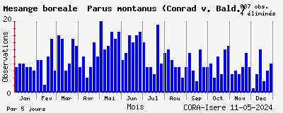 Observations saisonnires (par 5 jours) de Mésange boréale Parus montanus (Conrad v. Bald.)
