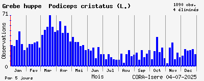Observations saisonnires (par 5 jours) de Grèbe huppé Podiceps cristatus (L.)