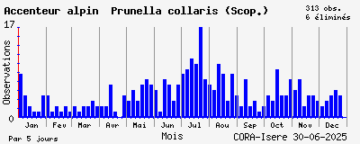 Observations saisonnires (par 5 jours) de Accenteur alpin Prunella collaris (Scop.)