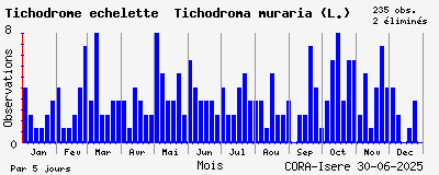Observations saisonnires (par 5 jours) de Tichodrome échelette Tichodroma muraria (L.)